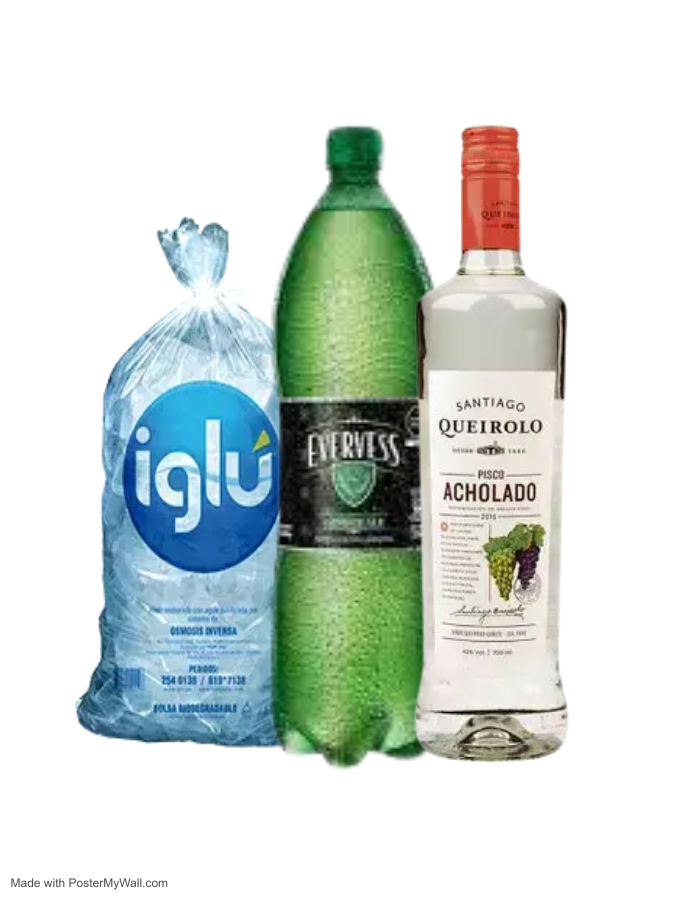 PISCO SANTIAGO QUEIROLO ACHOLADO 750ML + EVERVESS 1.5LT + HIELO 1.5KG SKU 15901390